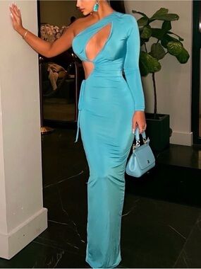 One-Shoulder Cutout Maxi Dress in Aqua Blue